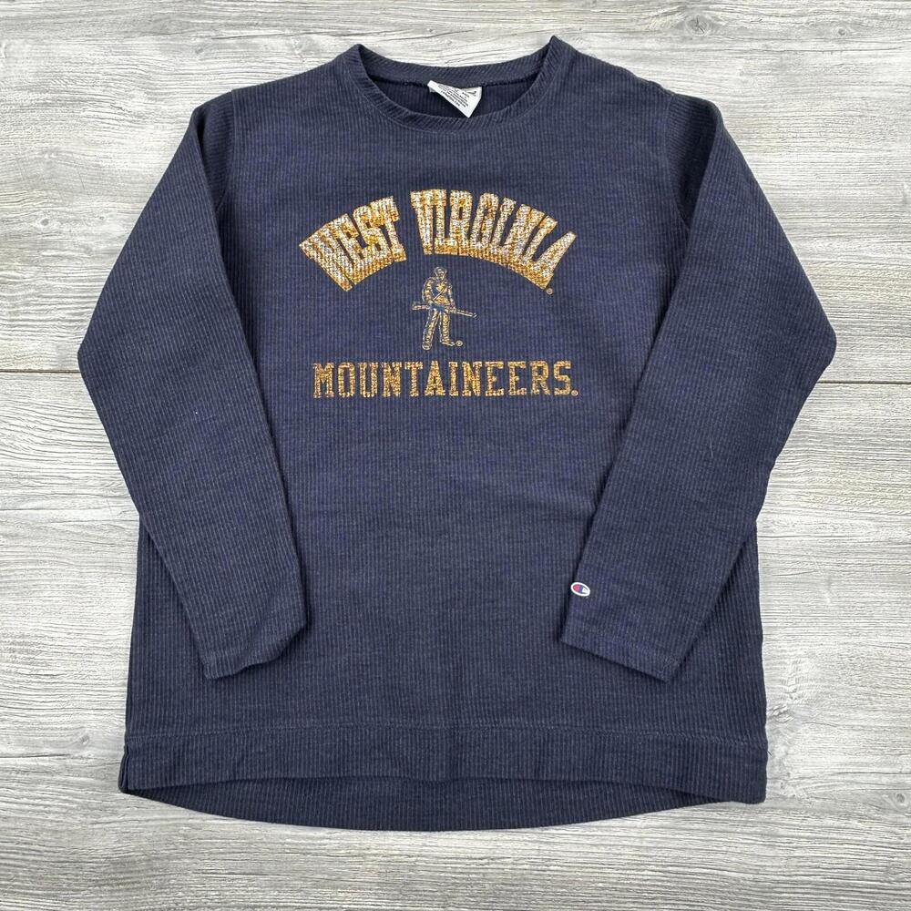 VTG Y2K Thermal Shirt Mens MED Blue West Virgina Mountaineers Waffle Knit Retro